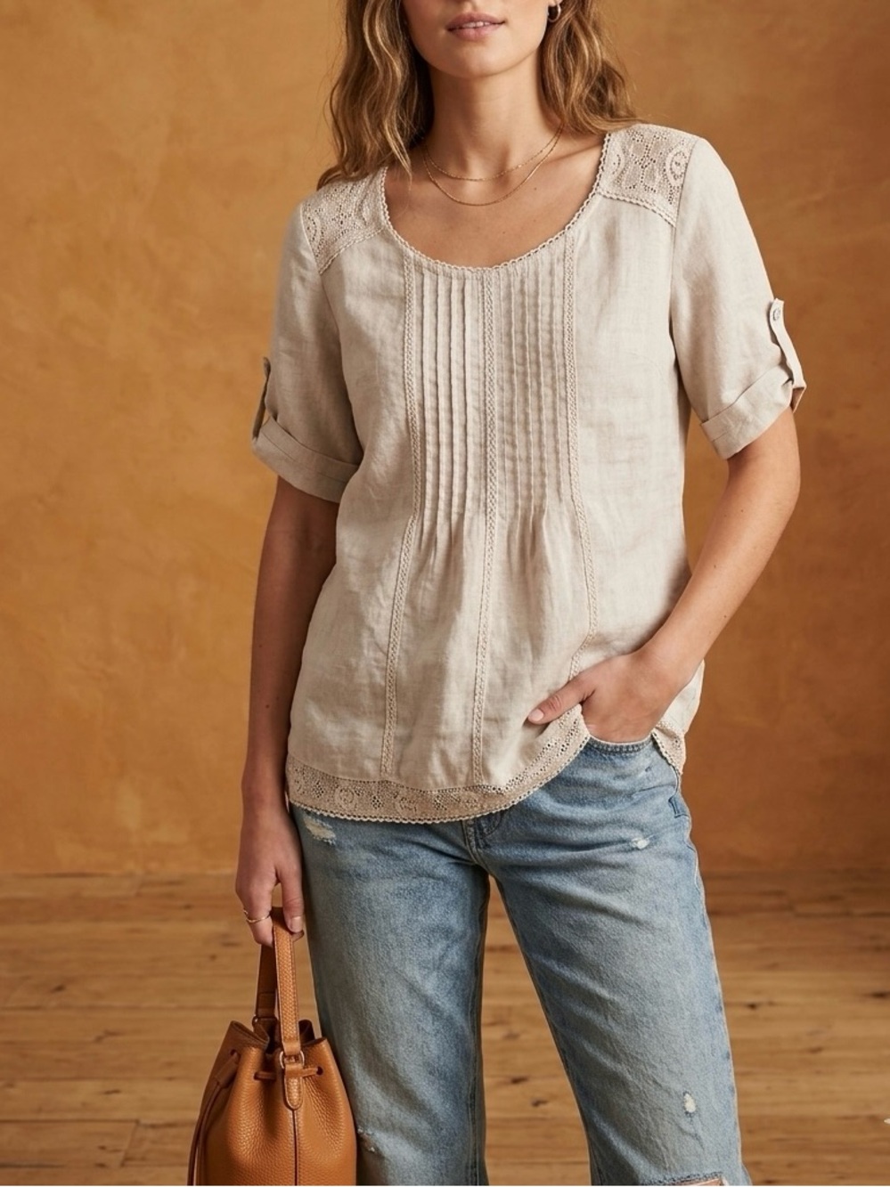 Lina Tomei Women's Beige Linen Blouse, Size M, Italian Lace, Casual-Elegant